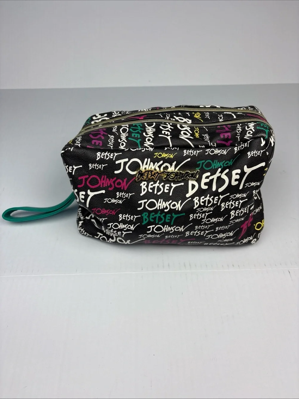Betsey Johnson Cosmetic Pouch Bag Black Colorful Graffiti Logo Large Zipper